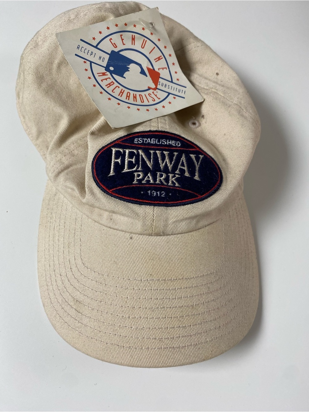 Fenway Park MLB Cream Baseball Cap with Navy & Red Logo. Has tags. Little dusty.